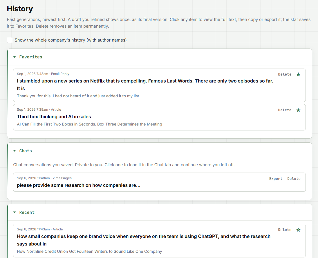 Write85 History tab showing Favorites, Recent, and All with saved drafts and images