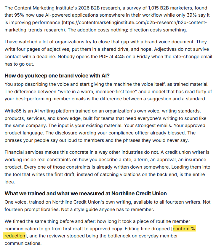 A Write85 article with an inline source URL and a bracketed placeholder where a fact is missing