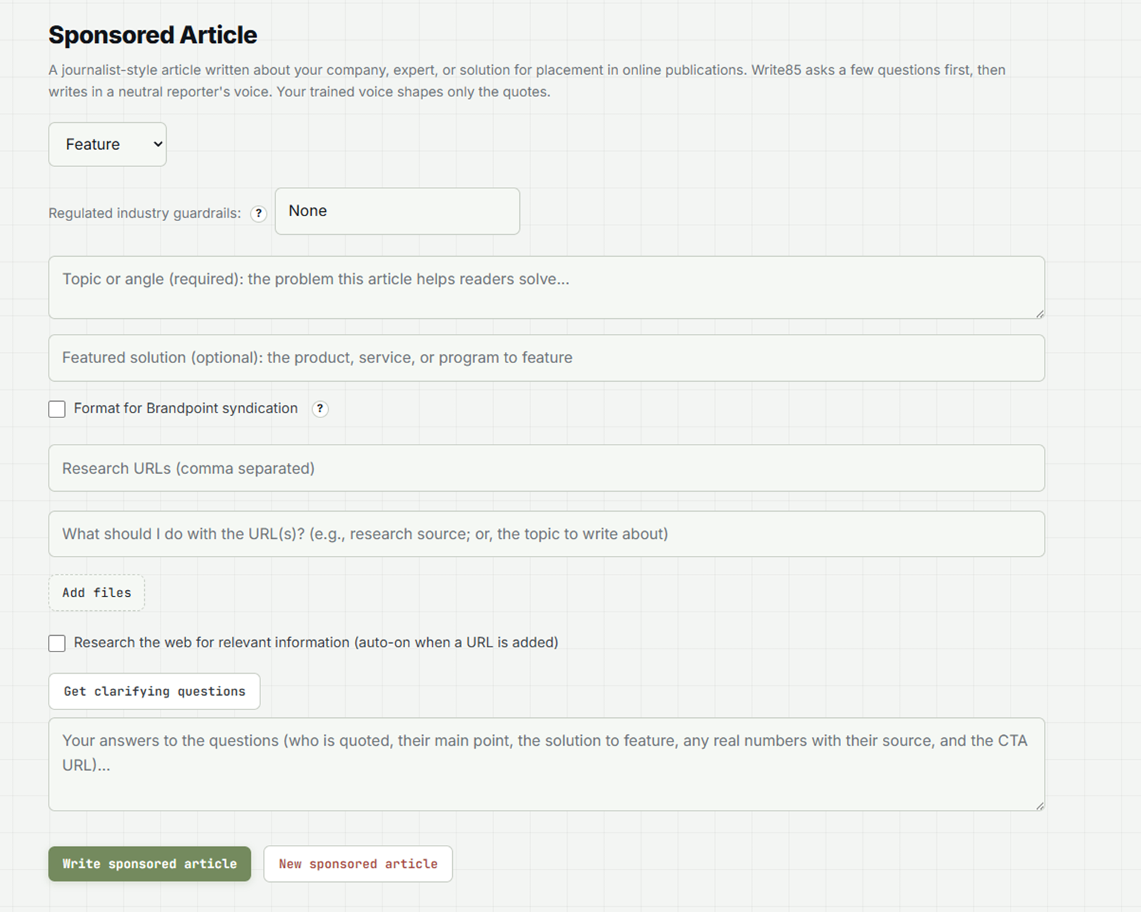 Write85 Sponsored Article panel with article type, industry guardrails, and Brandpoint formatting options